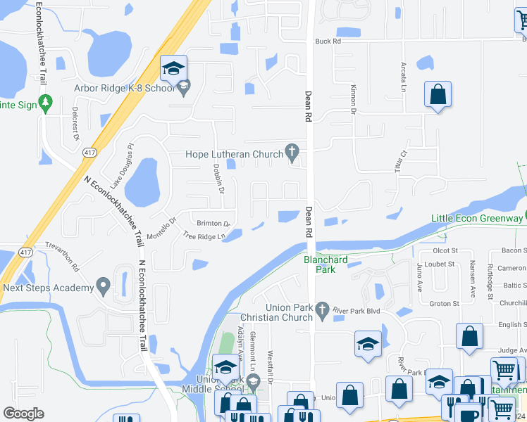 map of restaurants, bars, coffee shops, grocery stores, and more near 2444 Long Meadow Way in Orlando