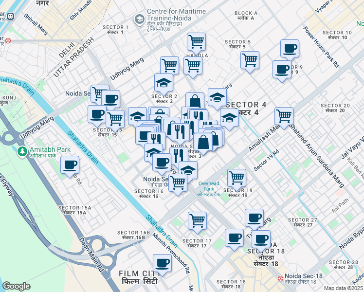 map of restaurants, bars, coffee shops, grocery stores, and more near in Noida