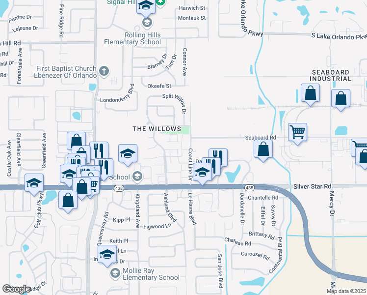 map of restaurants, bars, coffee shops, grocery stores, and more near 2853 Willow Run in Orlando