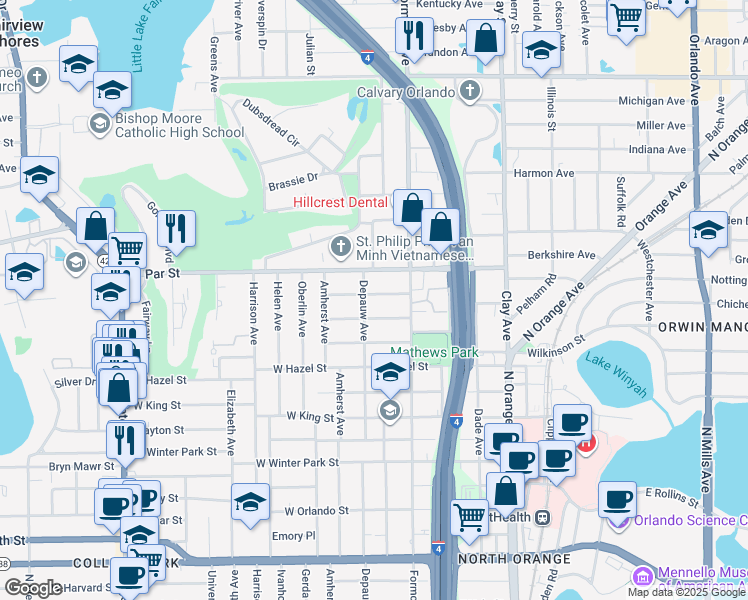 map of restaurants, bars, coffee shops, grocery stores, and more near 6 West Preston Street in Orlando