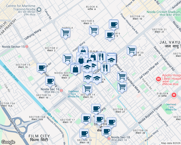 map of restaurants, bars, coffee shops, grocery stores, and more near in Noida