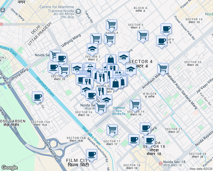 map of restaurants, bars, coffee shops, grocery stores, and more near in New Delhi