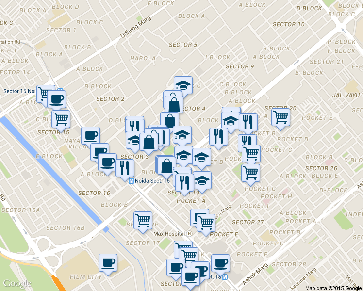 map of restaurants, bars, coffee shops, grocery stores, and more near A-13, Sector-4A Amaltash Marg in Noida