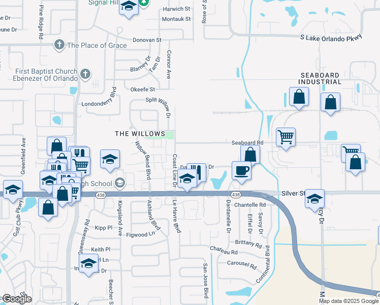 map of restaurants, bars, coffee shops, grocery stores, and more near 4500 Seaboard Road in Orlando