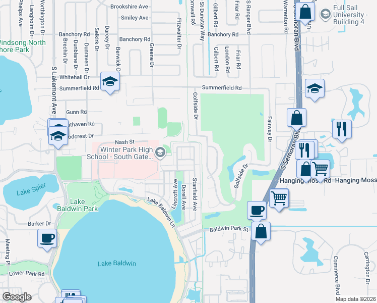map of restaurants, bars, coffee shops, grocery stores, and more near 3063 Kasell Alley in Orlando