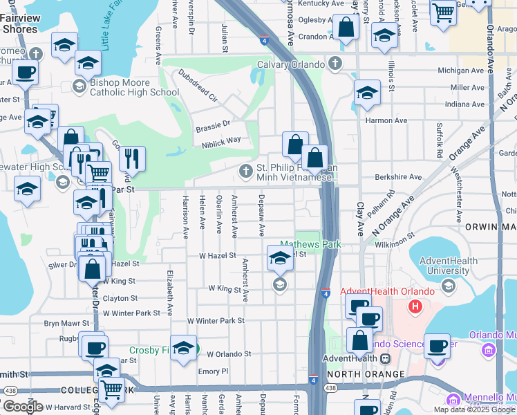 map of restaurants, bars, coffee shops, grocery stores, and more near 6 West Preston Street in Orlando