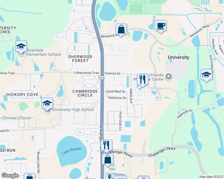 map of restaurants, bars, coffee shops, grocery stores, and more near 12227 Coral Reef Drive in Orlando