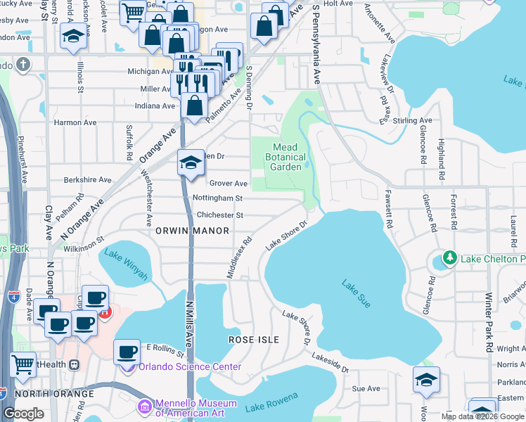 map of restaurants, bars, coffee shops, grocery stores, and more near 1415 Chichester Street in Orlando