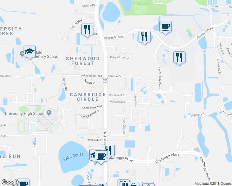 map of restaurants, bars, coffee shops, grocery stores, and more near 12209 Coral Reef Drive in Orlando