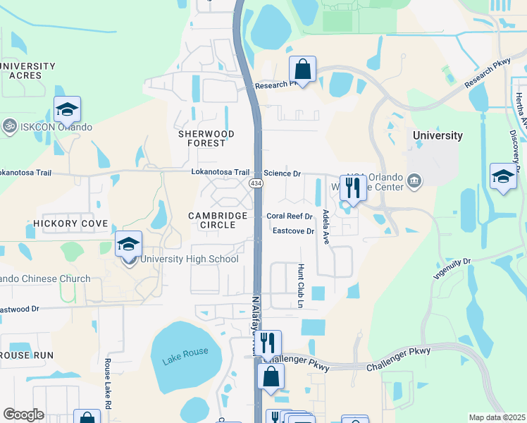 map of restaurants, bars, coffee shops, grocery stores, and more near 12209 Coral Reef Drive in Orlando