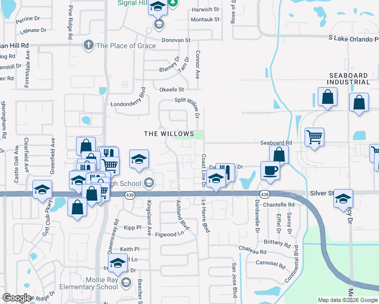 map of restaurants, bars, coffee shops, grocery stores, and more near 2853 Willow Run in Orlando