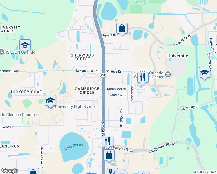map of restaurants, bars, coffee shops, grocery stores, and more near 12209 Coral Reef Drive in Orlando