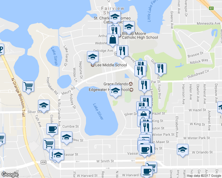 map of restaurants, bars, coffee shops, grocery stores, and more near 3322 North Westmoreland Drive in Orlando