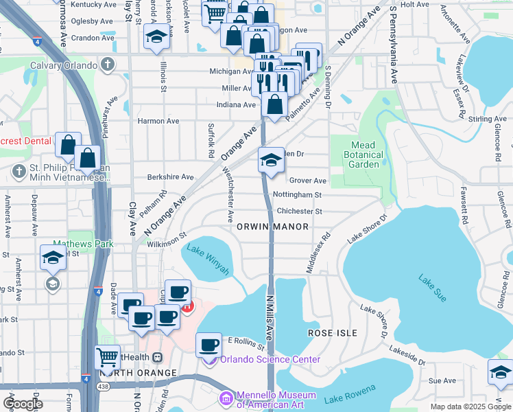 map of restaurants, bars, coffee shops, grocery stores, and more near 1105 Chichester Street in Orlando