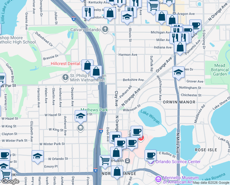 map of restaurants, bars, coffee shops, grocery stores, and more near 324A Bay Run Street in Orlando