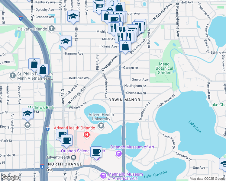map of restaurants, bars, coffee shops, grocery stores, and more near 1021 Chichester Street in Orlando