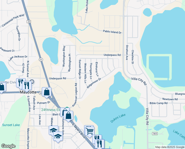map of restaurants, bars, coffee shops, grocery stores, and more near 1922 Thorngate Lane in Mascotte