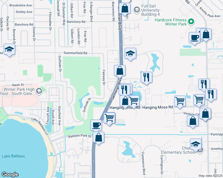 map of restaurants, bars, coffee shops, grocery stores, and more near 1202 Fairway Drive in Winter Park