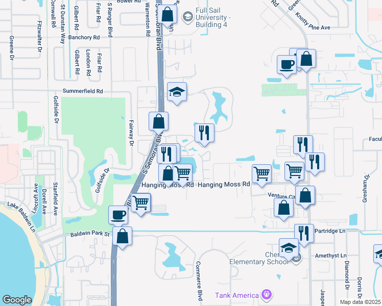 map of restaurants, bars, coffee shops, grocery stores, and more near 871 Cape Dory Court in Winter Park
