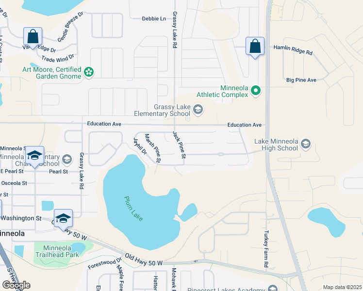 map of restaurants, bars, coffee shops, grocery stores, and more near Jack Pine Street in Minneola