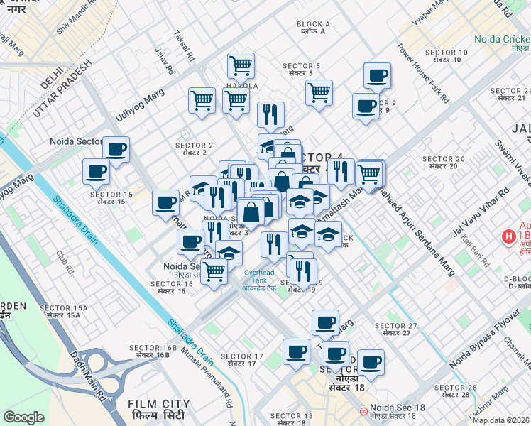 map of restaurants, bars, coffee shops, grocery stores, and more near in Noida
