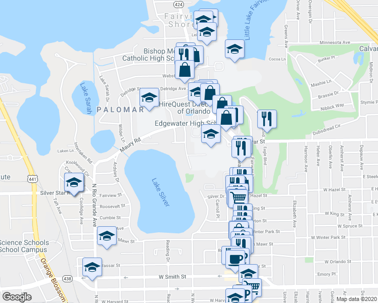 map of restaurants, bars, coffee shops, grocery stores, and more near 3322 North Westmoreland Drive in Orlando