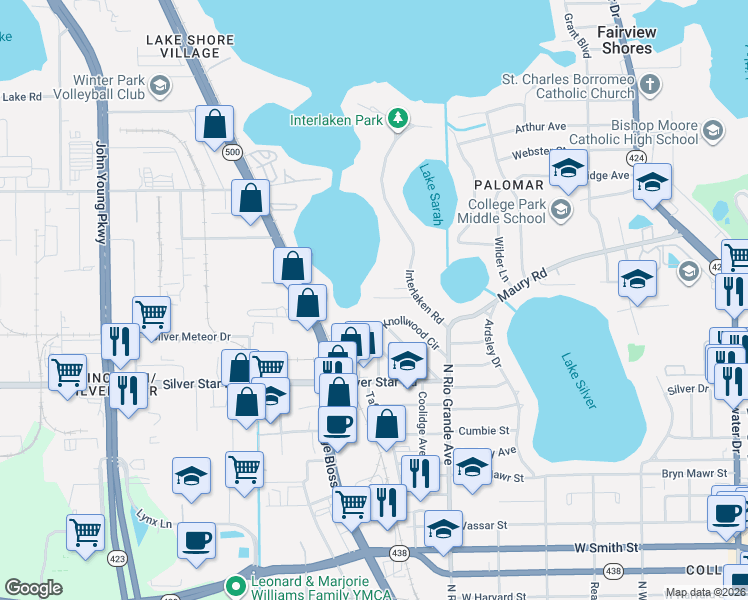 map of restaurants, bars, coffee shops, grocery stores, and more near 109 Laken Lane in Orlando