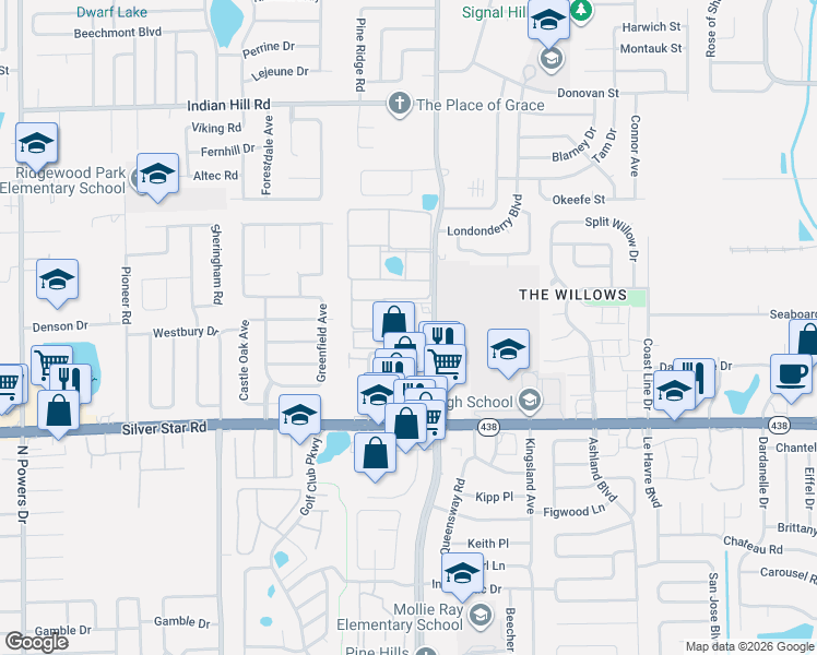map of restaurants, bars, coffee shops, grocery stores, and more near 2872 Spring Hill Court in Pine Hills