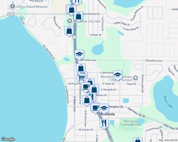 map of restaurants, bars, coffee shops, grocery stores, and more near 207 U.S. 27 in Minneola