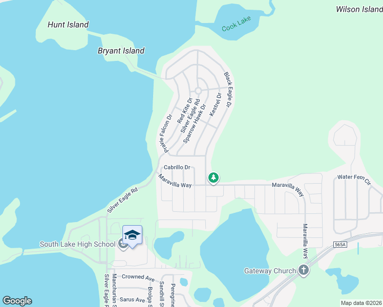 map of restaurants, bars, coffee shops, grocery stores, and more near 402 Kestrel Drive in Groveland