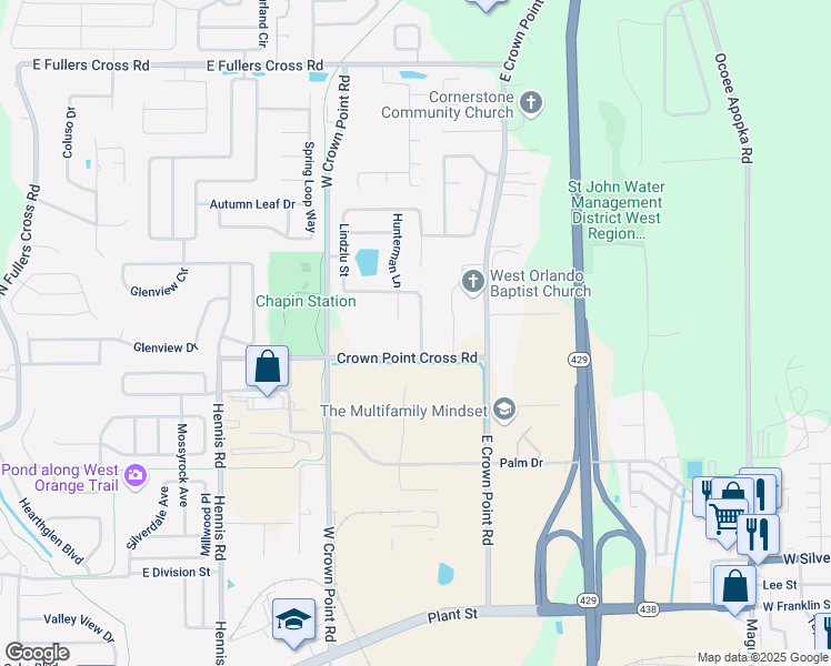 map of restaurants, bars, coffee shops, grocery stores, and more near 1118 Dunbrooke Street in Winter Garden