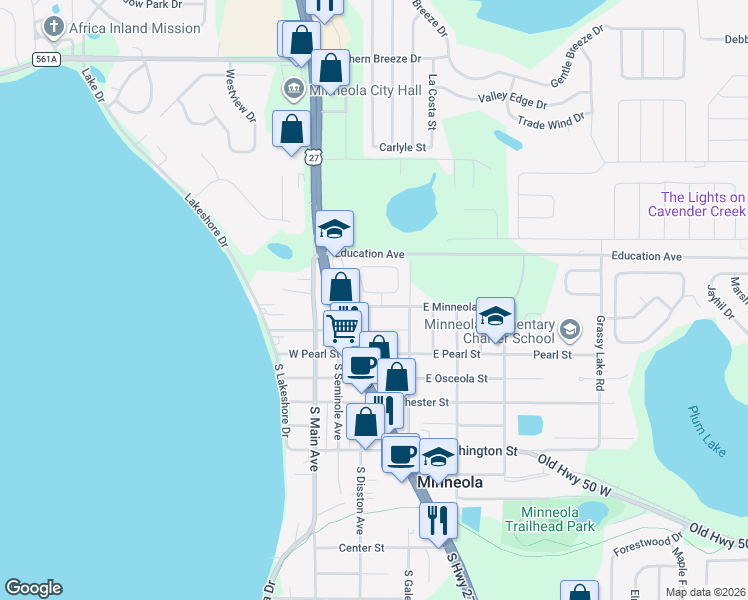map of restaurants, bars, coffee shops, grocery stores, and more near 207 U.S. 27 in Minneola