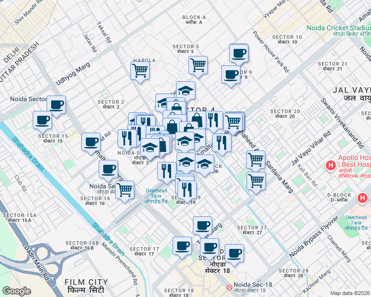 map of restaurants, bars, coffee shops, grocery stores, and more near A Block Road in Noida