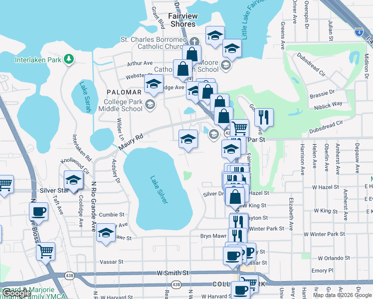 map of restaurants, bars, coffee shops, grocery stores, and more near 3322 North Westmoreland Drive in Orlando