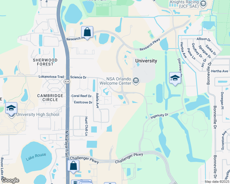 map of restaurants, bars, coffee shops, grocery stores, and more near Science Drive in Orlando
