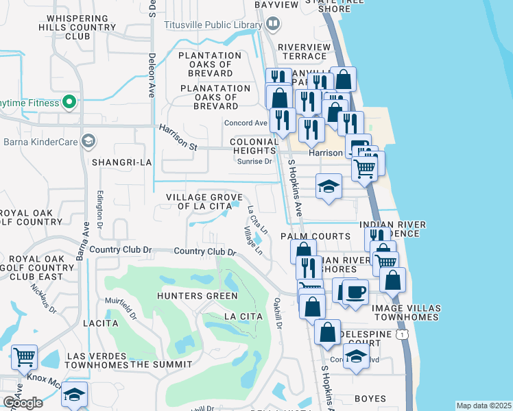 map of restaurants, bars, coffee shops, grocery stores, and more near 3017 Sir Hamilton Circle in Titusville