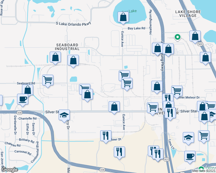 map of restaurants, bars, coffee shops, grocery stores, and more near 2802 Eunice Avenue in Orlando