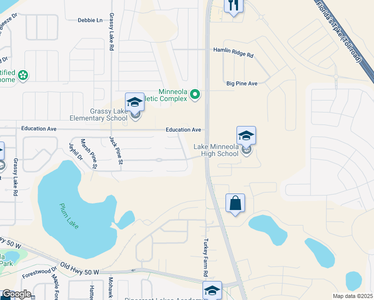map of restaurants, bars, coffee shops, grocery stores, and more near 210 Colonial Pine Lane in Minneola