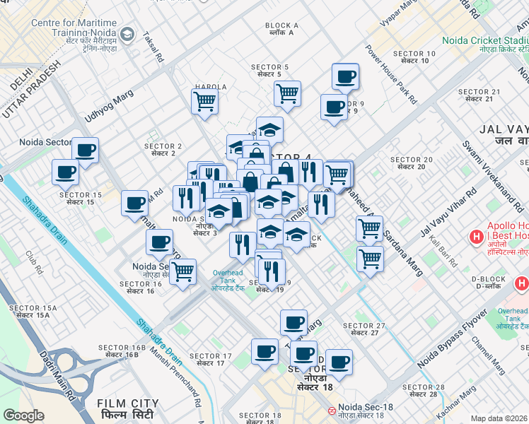 map of restaurants, bars, coffee shops, grocery stores, and more near in Noida
