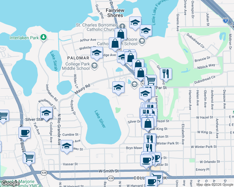 map of restaurants, bars, coffee shops, grocery stores, and more near 3322 North Westmoreland Drive in Orlando