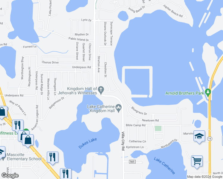 map of restaurants, bars, coffee shops, grocery stores, and more near 1104 Stratton Avenue in Groveland