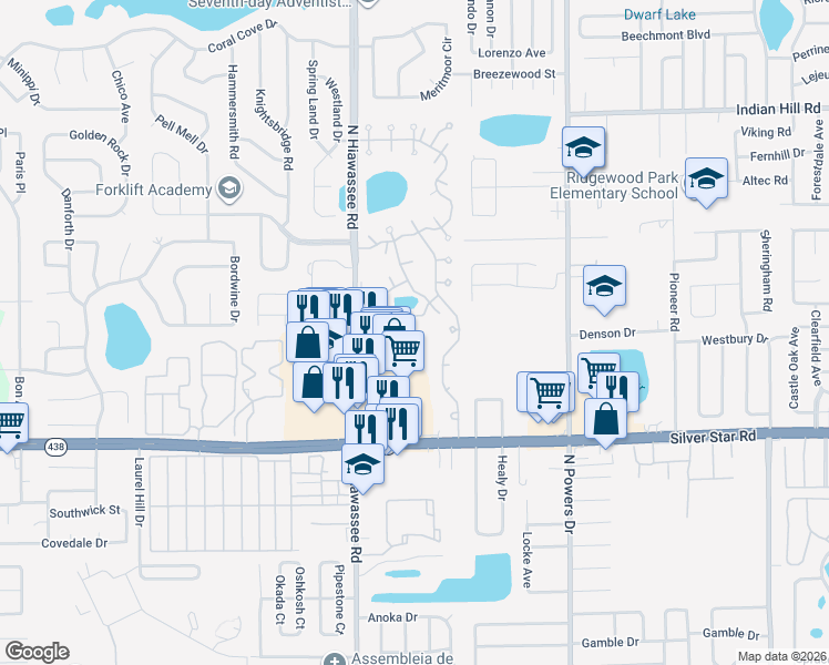 map of restaurants, bars, coffee shops, grocery stores, and more near 6842 Burroughs Court in Pine Hills