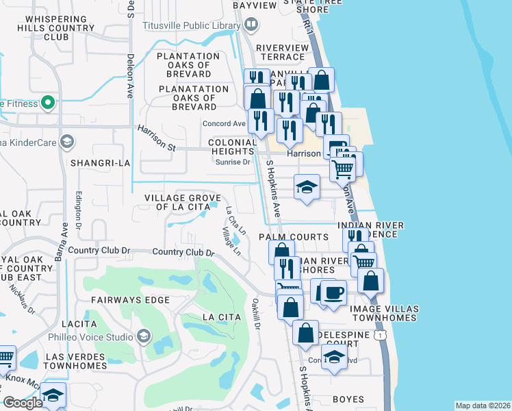 map of restaurants, bars, coffee shops, grocery stores, and more near 3069 Sir Hamilton Circle in Titusville