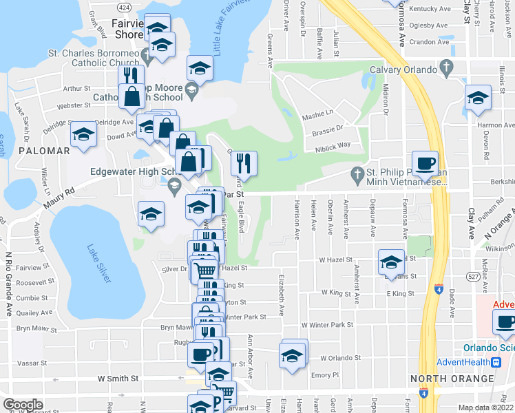 map of restaurants, bars, coffee shops, grocery stores, and more near 3207 Eagle Boulevard in Orlando