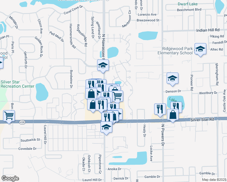 map of restaurants, bars, coffee shops, grocery stores, and more near 2885 Burroughs Drive in Pine Hills