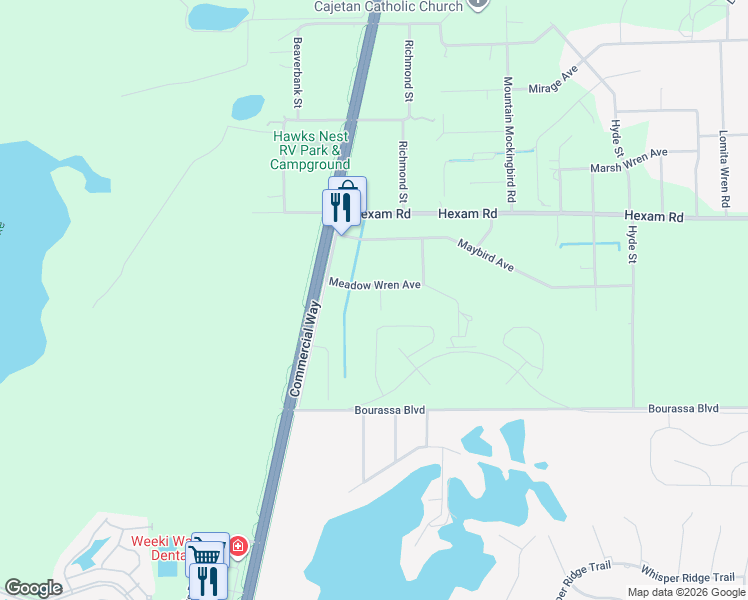 map of restaurants, bars, coffee shops, grocery stores, and more near 10198 Meadow Wren Avenue in Spring Hill