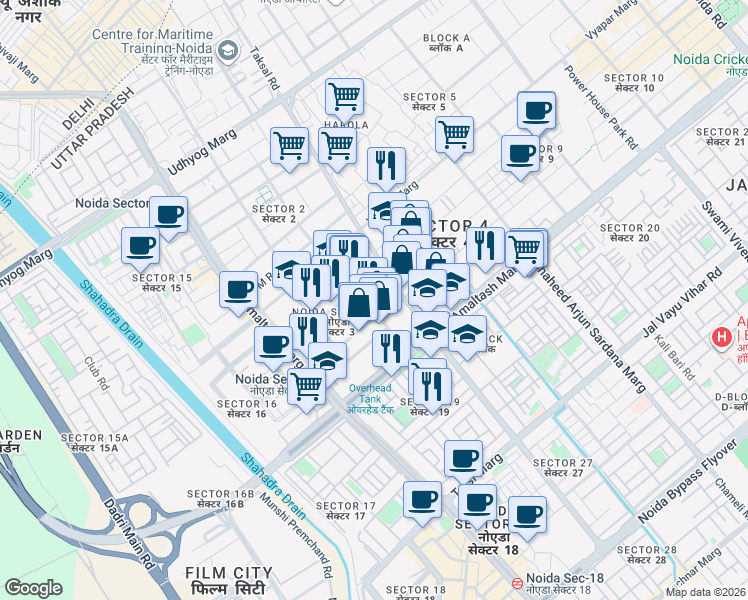 map of restaurants, bars, coffee shops, grocery stores, and more near in Noida