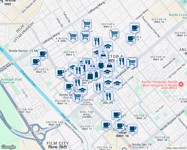 map of restaurants, bars, coffee shops, grocery stores, and more near in Noida