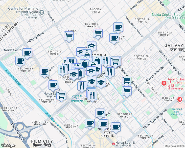 map of restaurants, bars, coffee shops, grocery stores, and more near A Block Road in Noida