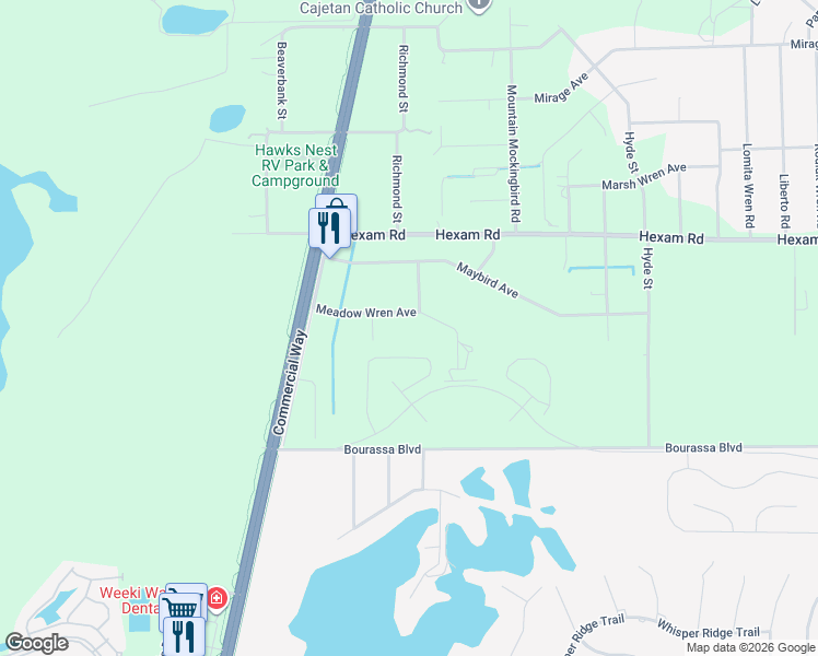 map of restaurants, bars, coffee shops, grocery stores, and more near 10298 Meadow Wren Avenue in Spring Hill